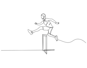 Hurdles continuous line. Continuous one line drawing of person practicing jumping in hurdles. Athletic sports concept. Single line drawing