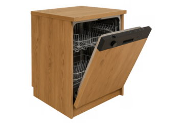 Built-in dishwasher showing open door and empty racks, kitchen appliance with wood finish on transparent background