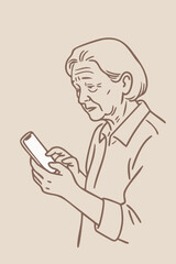 Simple illustration. Line art. An image illustration depicting an elderly woman struggling to operate a smartphone. Scam. Spam. Difficult.