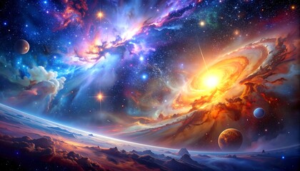 Cosmic panorama a celestial display of nebula, stars, and planets