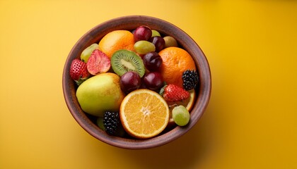 A Rustic Ceramic Bowl Filled With Fresh Assorted Fruits Against Yellow Background
