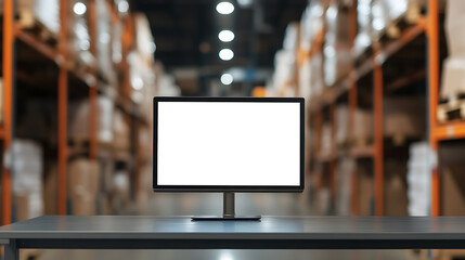 Monitor on a table in a blurry warehouse background, ideal for showcasing inventory management or digital logistics solutions. Blank screen for easy customization.