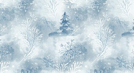 Seamless Watercolor Pattern of Winter Forest with Snowflakes and Pine Trees