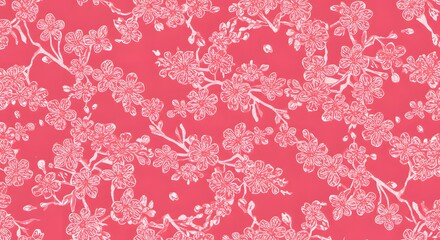 Seamless Cherry Blossom Branches with Delicate Pink Flowers on Vibrant Coral Background