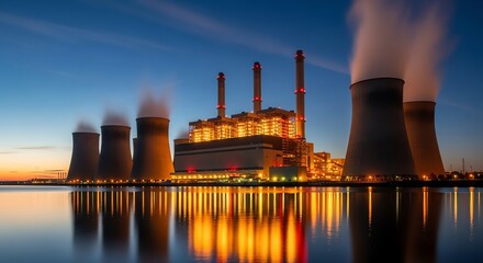 Power plant at dusk with reflection in water