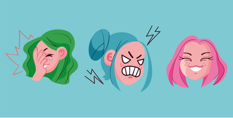 Anime girl face head emoji with different emotions expressions isolated on white background set. Vector flat cartoon graphic illustration