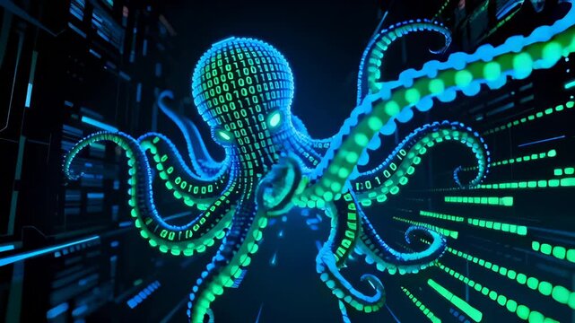 Seamless loop animation of digital octopus with binary code body and glowing tentacles moving through cybernetic landscape. Stylized technological visualization.