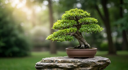 Serene Bonsai Tree on Stone in Sun-Dappled Garden with Lush Greenery