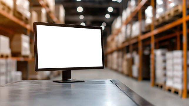 An elegant computer sits on a desk against the backdrop of a warehouse. It captures the essence of organization, technology, and storage in one frame. The modern screen is the focal point.