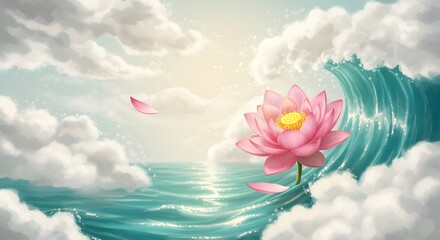 Serene Pink Lotus Flower Blooms Amidst Gentle Waves and Wispy Clouds in Ethereal Light