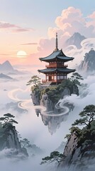 Obraz premium fantasy Japanese landscape floating temple on misty mountain soft pastel sunrise sky gentle clouds swirling around elegant.