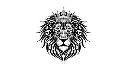 Obraz premium Lion king head vector illustration, majestic animal with crown, black and white design, tattoo style art