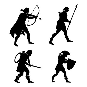 Vector art of set of fantasy warrior silhouettes, including archer and spearman