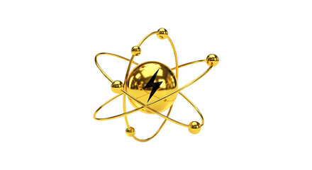 Golden atom model with orbiting electrons and lightning bolt symbol inside nucleus isolated on transparent background