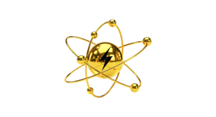 Golden atom model with orbiting electrons and lightning bolt symbol inside nucleus isolated on transparent background