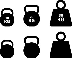 Collection of black kettlebell and weight plate icons with weight labels