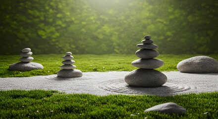 Serene Zen Garden with Stacked Stones and Raked Sand in Soft Sunlight