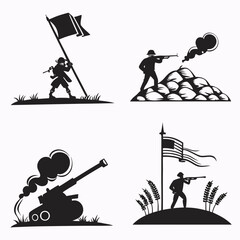 Obraz premium Vector art of silhouette set of soldiers in war with flag, gun, and cannon