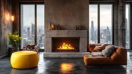 Cozy Modern Living Room With Fireplace and City View