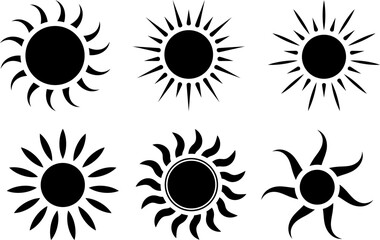 Collection of six stylized black sun illustrations with varying rays