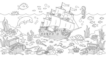 Underwater Treasure Scene with Sunken Ship, Dolphin, Turtle, Seahorse and Jewels