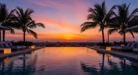 Obraz premium Infinity pool reflecting a vibrant sunset with palm trees and lounge chairs at a tropical resort