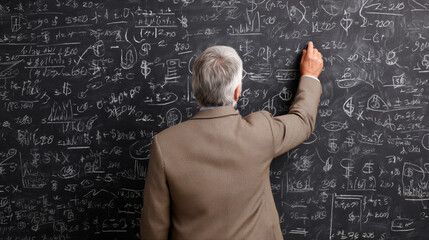 Professor explaining complex equations on chalkboard, showcasing knowledge and expertise in mathematics and science