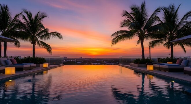 Infinity pool reflecting a vibrant sunset with palm trees and lounge chairs at a tropical resort