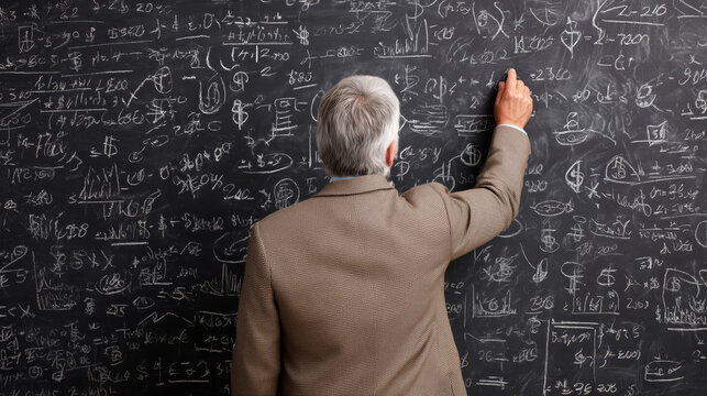 Professor explaining complex equations on chalkboard, showcasing knowledge and expertise in mathematics and science