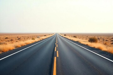 Naklejka premium Empty Asphalt Road Stretching to Hazy Horizon, Peaceful Countryside Landscape, Solitude, Vastness, Dry Grass, Pale Sky
