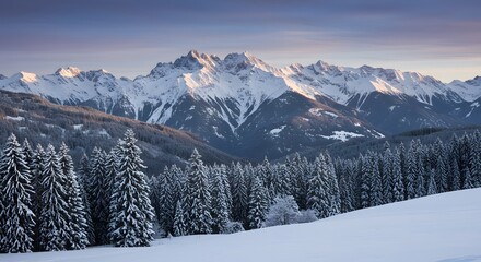 Snow-Covered Evergreen Forest and Majestic Snowy Mountains at Sunrise