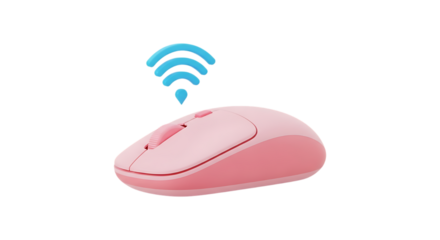 A cute pink wireless computer mouse with blue signal waves emanating from it isolated on transparent background