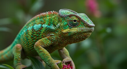 Obraz premium Vibrant Green Chameleon with Intricate Scales Perched on a Branch Amidst Lush Foliage