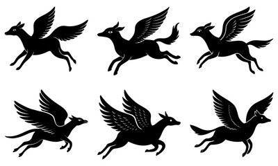 Obraz premium Six black winged deer in various poses against a white background in a vector style illustration