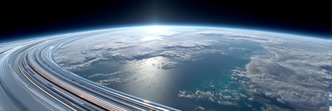 Fototapeta A stunning view of Earth from space, with a focus on the curvature and beauty of our planet's surface as seen through the window of an orbiting spacecraft.