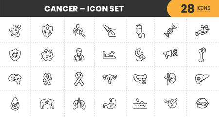 Cancer Awareness Icon Set – 28 Thin Line Medical Icons for Oncology, Treatment, Research, DNA, Ribbon, Prevention, and Health Care with transparent Background.