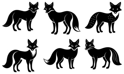 A collection of six stylized black fox illustrations in various standing poses on a white background