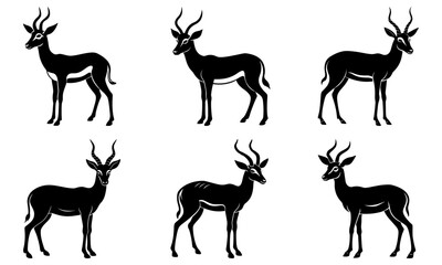 Fototapeta premium Illustration of six black and white gazelles with long horns standing in various poses on a white background