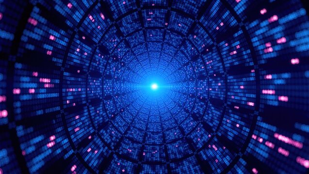 Abstract Blue Tunnel with Glowing Light.