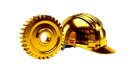 Shiny golden hard hat and gear wheel representing industry and construction safety isolated on transparent background