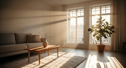 Sunlit living room with couch coffee table plant and large windows casting bright light beams inside