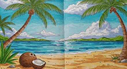 Tropical beach scene with palm trees, coconuts, and clear blue ocean water