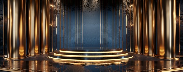Elegant 3D rendering of gold and black interior with columns and podium