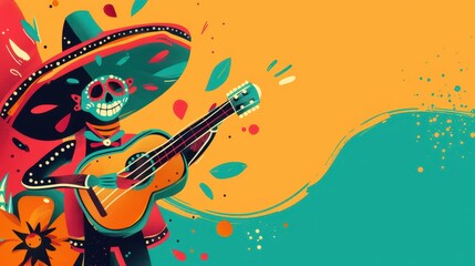 Obraz premium Santa cecilia day celebration with festive mexican music and vibrant mariachi illustration. Day of the Dead in Mexico. Horizontal banner. Copy space. Flat illustration