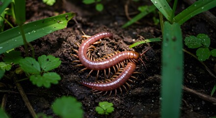 Two Centipedes Curled Together on Dark Soil Surrounded by Green Plants