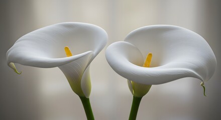 Two elegant white Calla Lily flowers with yellow spadix and green stems