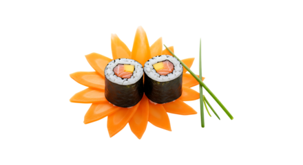 Two delicious sushi rolls artfully arranged on a vibrant orange flower shaped garnish with chopsticks isolated on transparent background