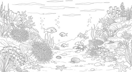 Fototapeta premium Underwater Scene with Coral Reef, Fish, Starfish, Shells, and Crab