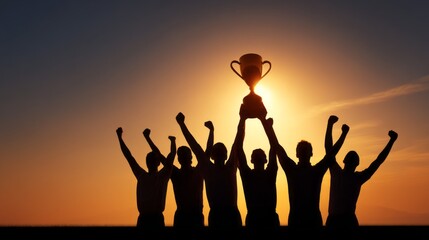 A talented sports team stands silhouetted against a vibrant sunset, joyfully lifting their trophy high. Their triumphant cheers echo in the warm evening air