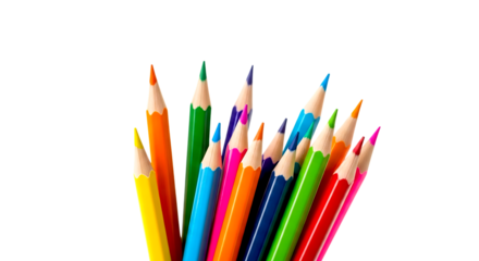 A vibrant collection of sharpened colored pencils fanned out and isolated on transparent background